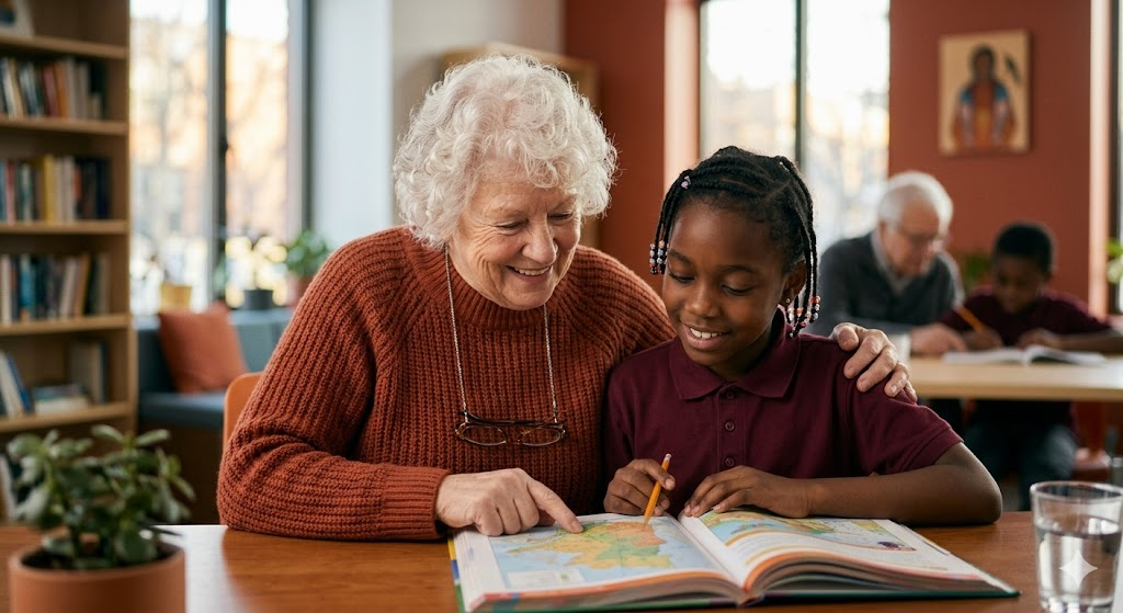 Solidarité intergénérationnelle - bénévole aidant un enfant